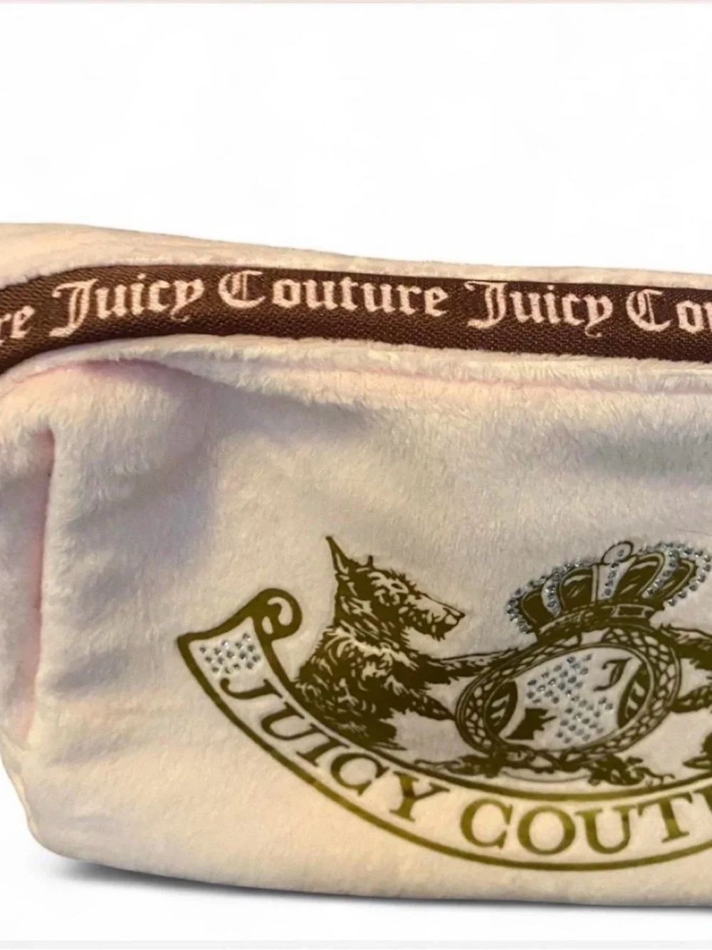 Juicy Couture Pink Velvet Cosmetic Pouch with Gold Crest and Rhinestones